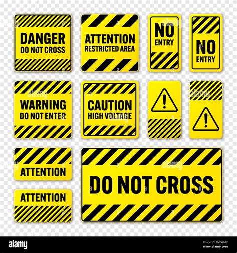 Various black and yellow warning signs with diagonal lines. Attention ...