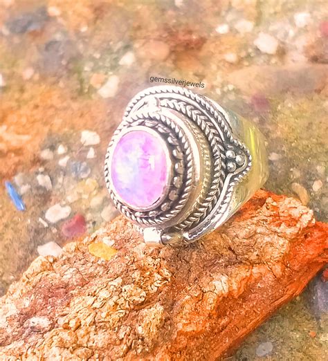 Pink Moonstone Pill Box Ring Natural Rainbow Moonstone Poison - Etsy India