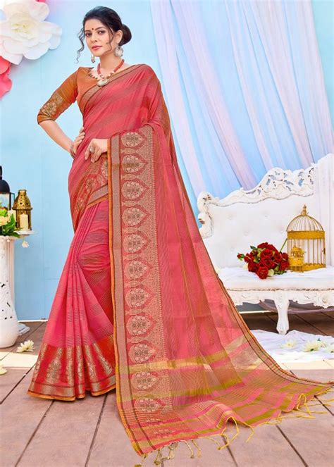 Get Peach-Coloured & Yellow Silk Cotton Woven Design Saree at ₹ 1429 ...