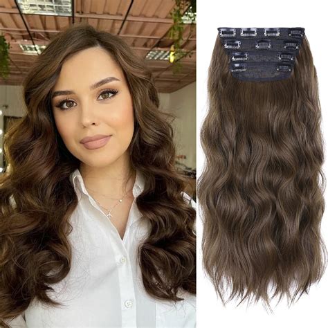 Amazon.com : Chestnut Brown Hair Extensions, 4Pcs Synthetic Clip in ...