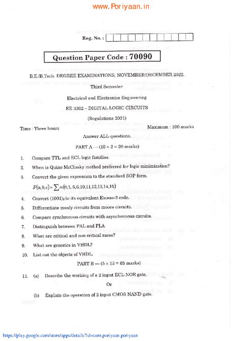Digital Logic Circuits - EE3302 2021 Reg - Sem Question Paper Nov-Dec ...