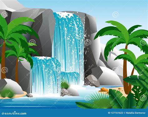 Vector Illustration of Beautiful Waterfall in Tropical Jungle Landscape ...