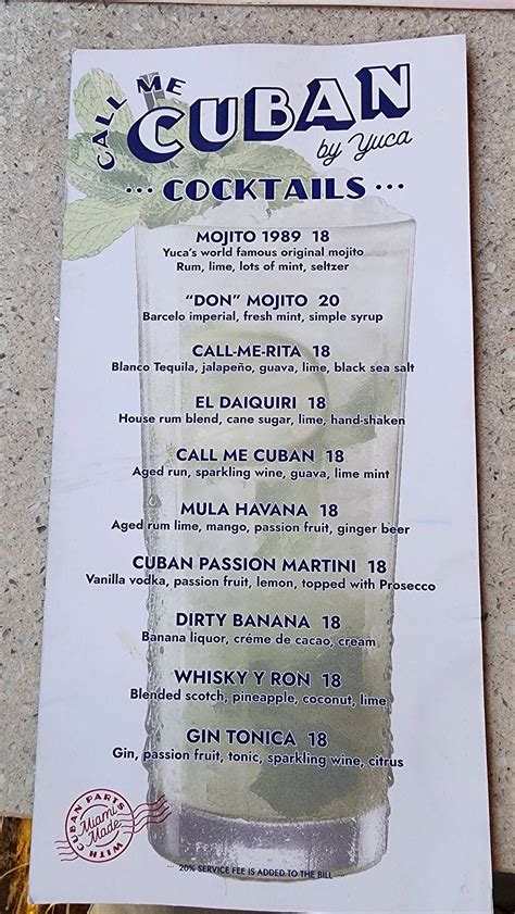 Menu at Call Me Cuban restaurant, Miami Beach