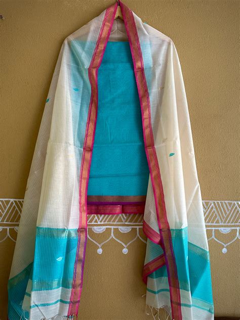 Maheshwari Sky Blue & White Motifs Top Dupatta Sets – Rewa Handloom