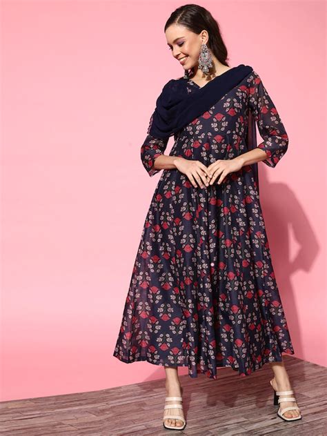 Buy Women Navy Chanderi Floral Red Attached Dupatta Dress Online at ...