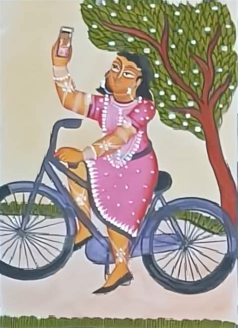 Shop Kalighat Painting Of A Girl Riding Bicycle