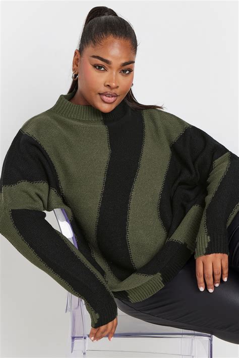 YOURS Plus Size Khaki Green Swirl Oversized Knitted Jumper | Yours Clothing