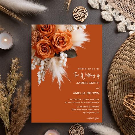 Burnt Orange Floral Wedding Invitation, Canva Editable Template, Rose ...