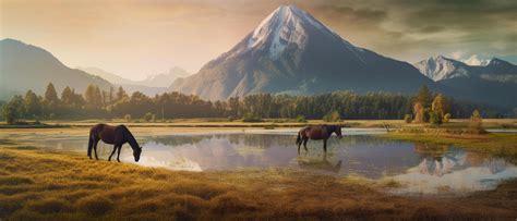 Thoroughbred Horses grazing with green beautiful mountain background in ...