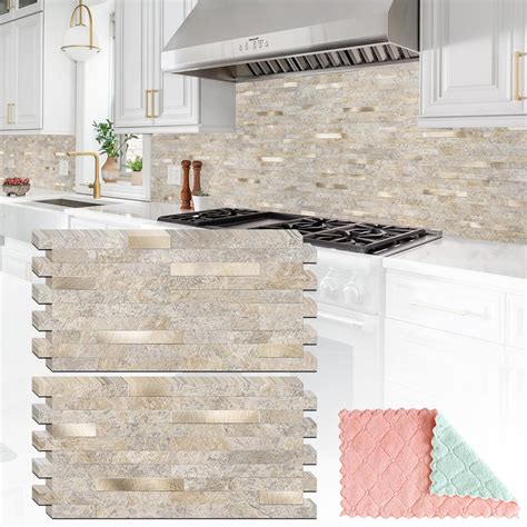 StyloVue 20 Sheets Peel and Stick Backsplash, Dark Beige with Metal ...