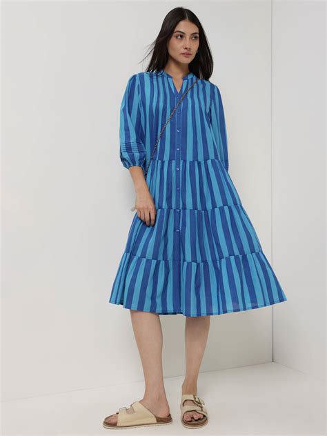 Buy Blue Cotton Striped Fit and Flare Dress Online | Pink Fort