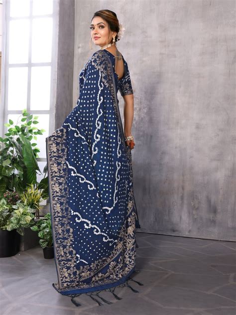 Navy Blue Bandhani Saree with Zari Elephant Motif – CLOHI
