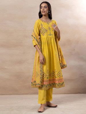 Buy Indya Yellow Embroidered Cotton Anarkali Kurta with Pants and ...