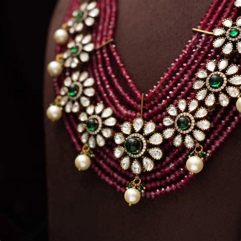 Keziya Beaded Polki Necklace - Red
