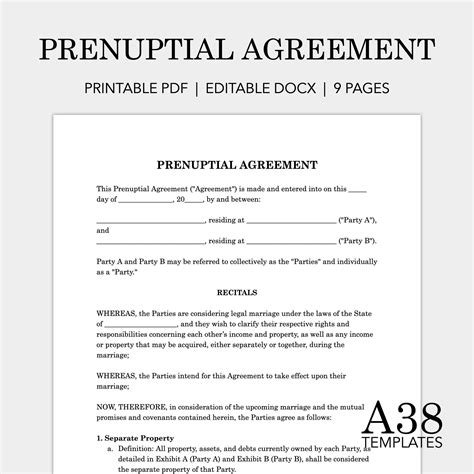 Prenuptial Agreement Template: Prenup, Premarital Contract, Antenuptial ...