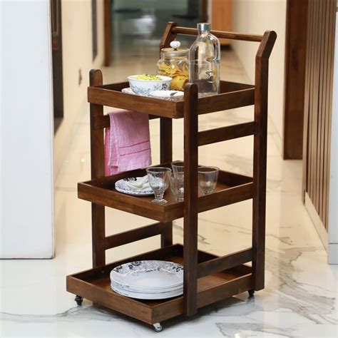Serving Trolley Wooden - Solid Wood 3-Level Utility Trolley – Wood Trendz