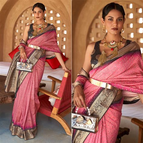 Pink Bandhani Printed With Woven Border Art Silk Saree