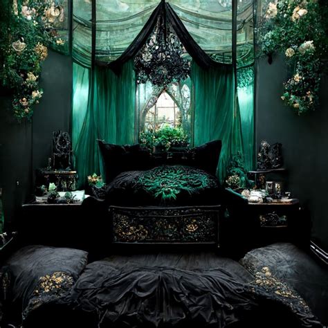 Gothic fairycore bedroom covered in black lace, silk & emerald lotus's ...