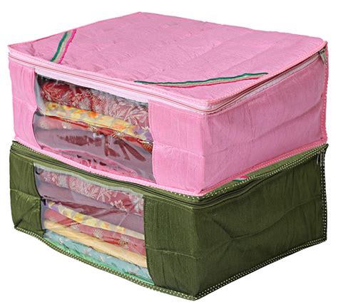 Heart Home 2 Pieces Raw Silk Saree Cover Wardrobe Organizer (Green ...