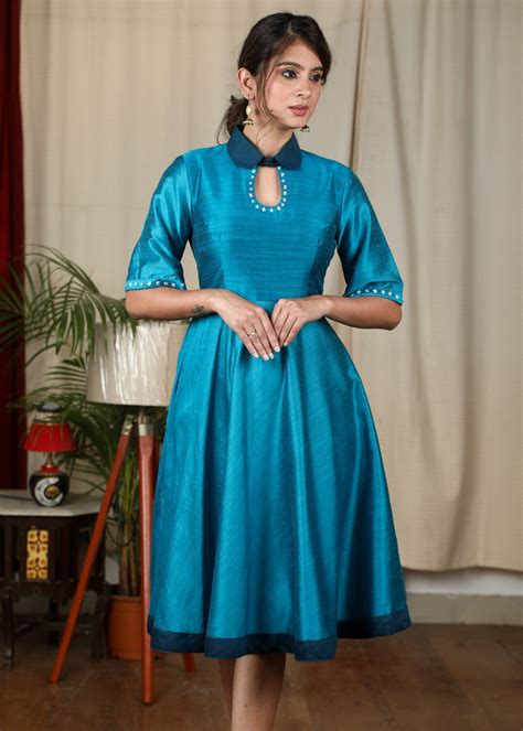 Blue cotton silk dress with stone embellishments – Sujatra