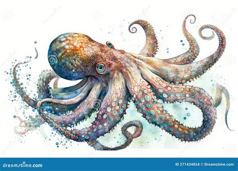 Octopus Watercolor, Close Up Predator Animals Wildlife. Ultra High Resolution, Isolated on White ...