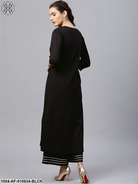 Women Black Three-Quarter Sleeves Round Neck A-Line Pure Cotton Kurta ...