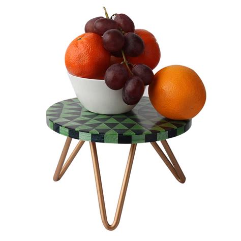 Green Chequered Wood And Resign Cake Stand Stool With Iron Legs