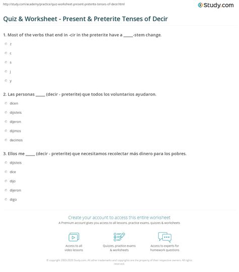Quiz & Worksheet - Present & Preterite Tenses of Decir | Study.com