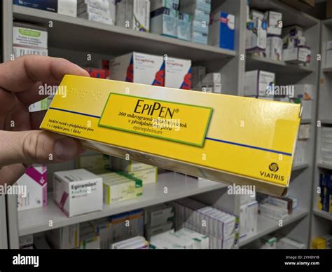 EPIPEN box of medication with epinephrine active substance by Mylan, used for treatment of ...