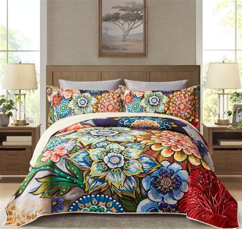 Amazon.com: 3 Piece Floral Quilt Sets Full/Queen Size Colorful Bohemian ...
