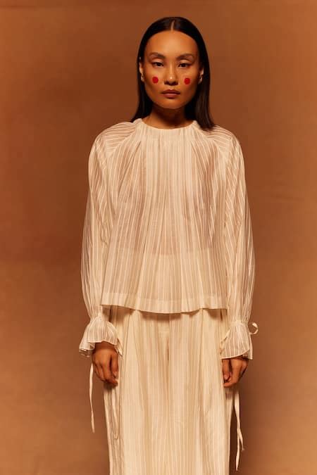 Buy Ivory Cotton Silk Print Stripe Closed Neck Oru Box Pleated Top For ...