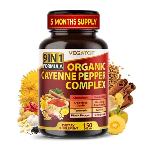 Organic Cayenne Pepper 9IN1 Complex 12,900mg with Cinnamon, Ginger, Turmeric for Overall Health ...