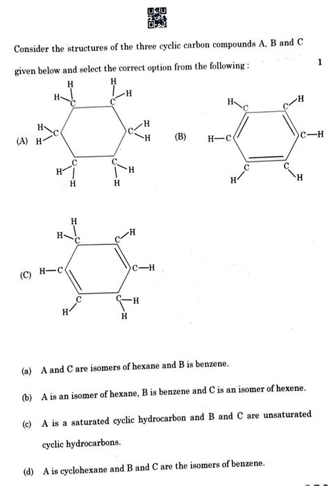 6. Consider the structures of the three cyclic carbon compounds A, B ...