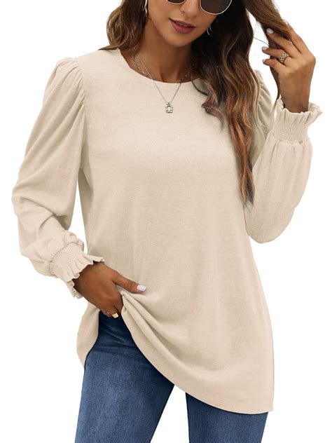 UVN Long Sleeve Shirts for Women Blouse Casual Puff Sleeve Crewneck ...