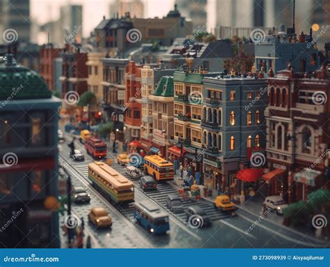 A Miniature Imaginary City Built from Plastic Bricks. Residential and Commercial Buildings are ...