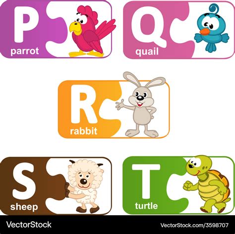 Stickers alphabet animals from P to T Royalty Free Vector