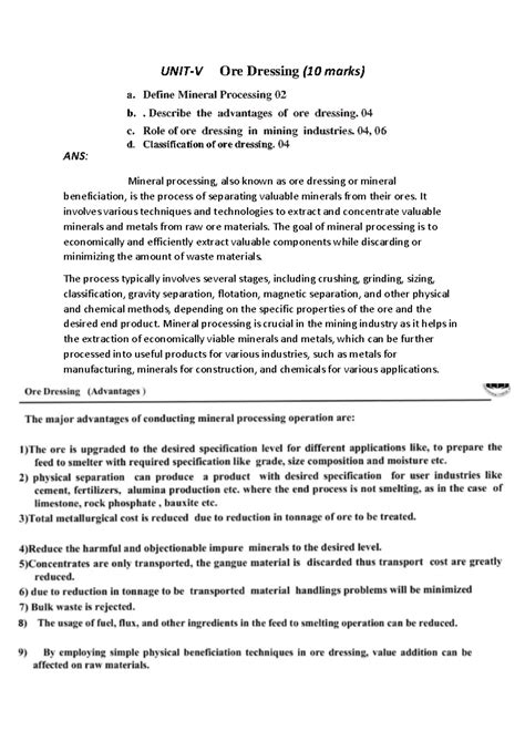 MEC U5 - Ore Dressing and Mineral Processing Overview for Exams - Studocu