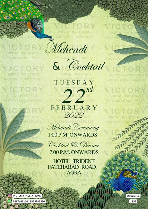 Mehendi ceremony invitation card in english language with peacock as a ...