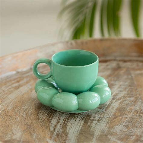'Bubbly Blooms' Ceramic Coffee & Tea Cup With Saucer Set (180 ml, Micr ...