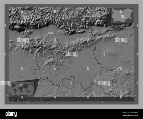 Stara Zagora, province of Bulgaria. Bilevel elevation map with lakes and rivers. Corner ...