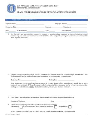Fillable Online Claims for Temporary Work Out of Classification Form ...