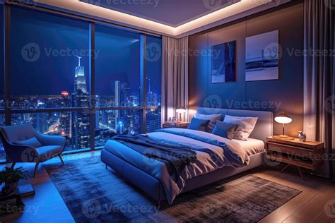 Night scene of Modern contemporary style interior bedroom design with ...