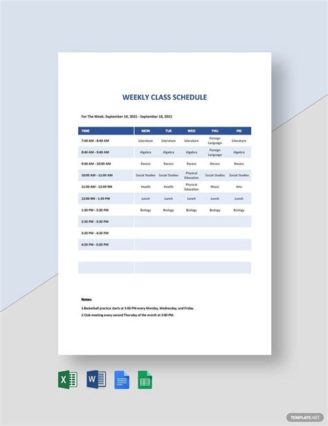 Image result for Weekly Class Schedule Template Excel