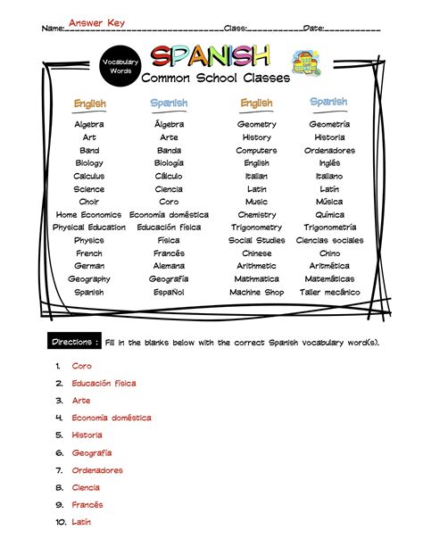Spanish Common School Classes Vocabulary Word List Worksheet & Answer ...