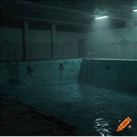 A dimly lit, eerie, abandoned indoor swimming pool. on Craiyon