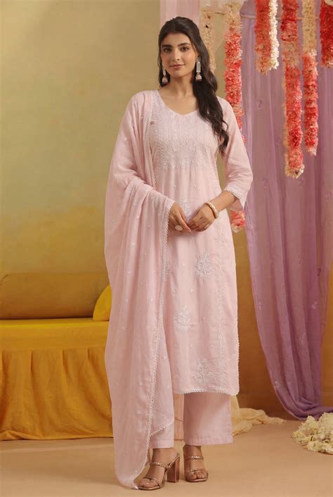 Shop Pink Mulmul Chikankari Embroidery Straight Suit Set | Scakhi – SCAKHI