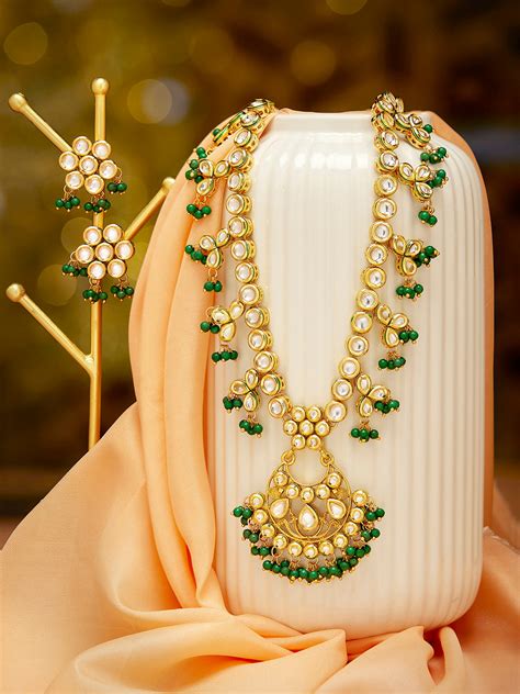 Priyaasi Green Kundan Beads Gold Plated Necklace with Floral Design Ea