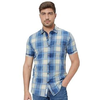 MUFTI Men's Light Blue Slim Fit Casual Shirt with Spread Collar & Half ...