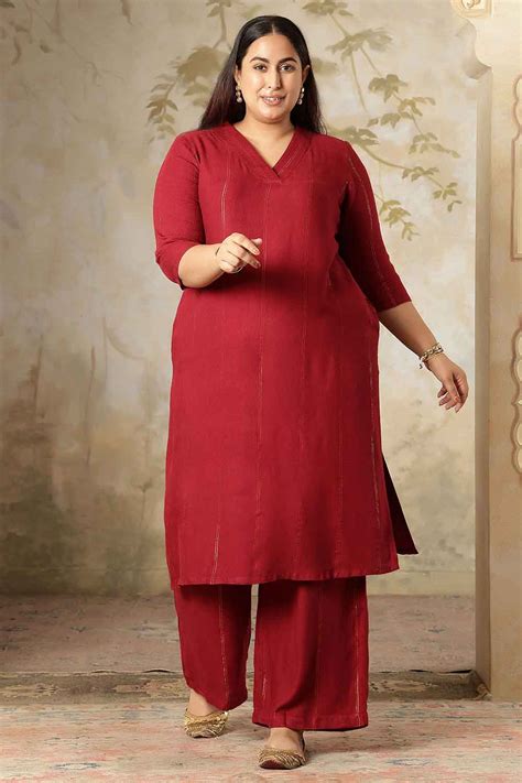 Plus Size Maroon Golden Pin Striped Kurta Coord Set