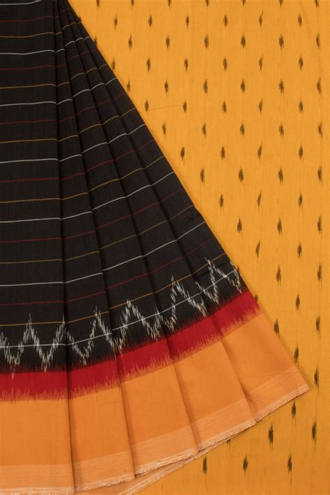 Black with Yellow Handloom Pochampally Ikat Cotton Saree | Avishya.com